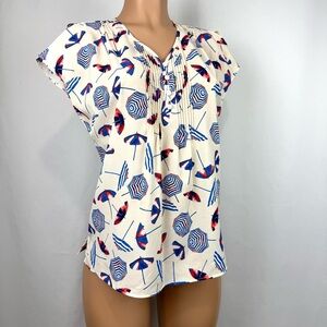 Talbots Women’s Slit Cap Sleeve Pleated Front Cream Blouse Umbrellas Sz Petite M